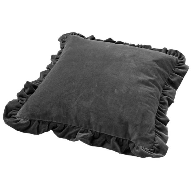 Dutch Decor - YARA - Sierkussen 45x45 cm - 100% katoen - velvet - met ruches - Charcoal Gray - antraciet