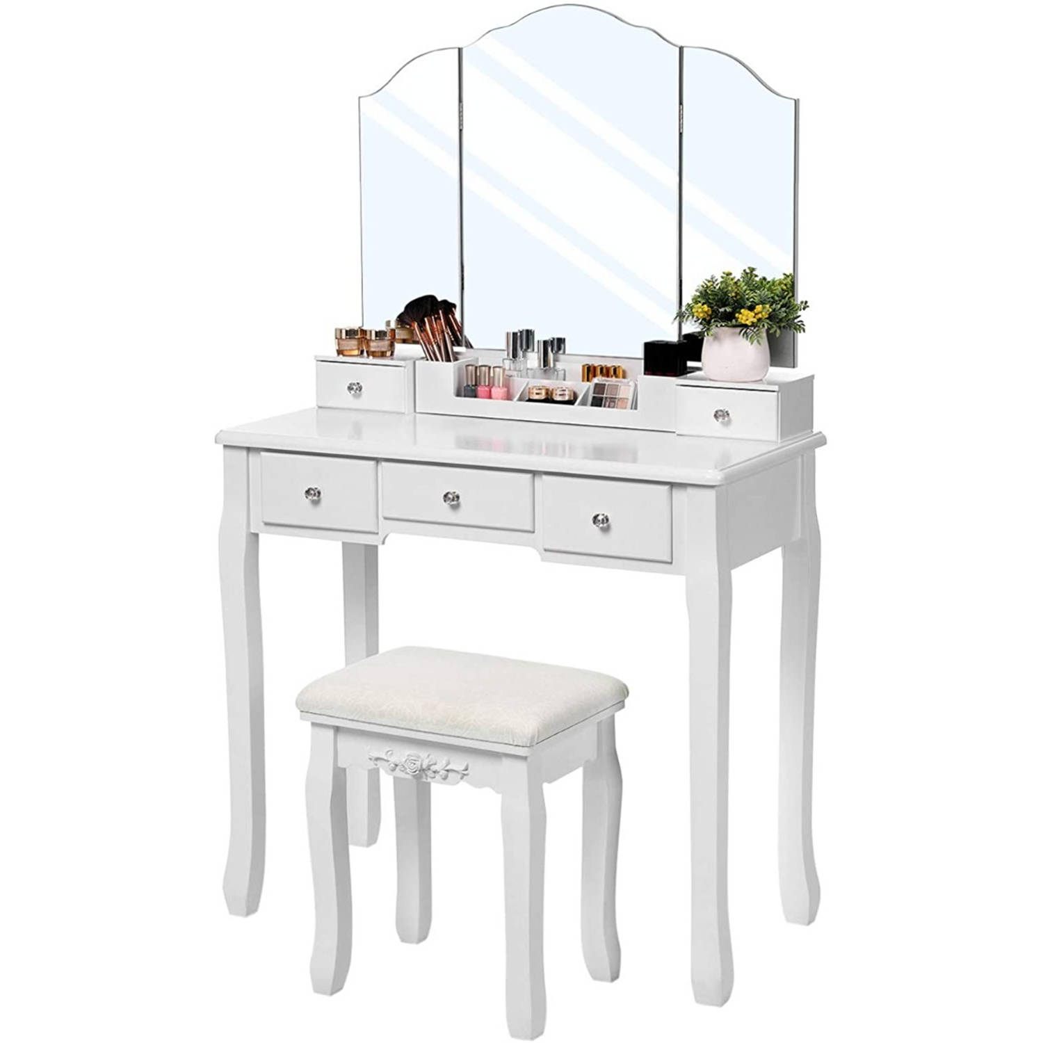 Aas Imperial Aanvankelijk Songmics kaptafel, kaptafel met opklapbare spiegel en 5 laden, cosmetische  tafel met uitneembare make-up - Wit - Hout | Blokker
