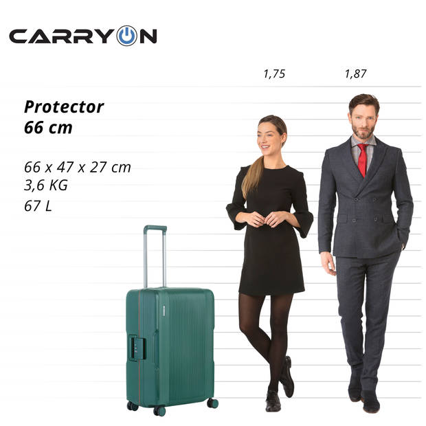 CarryOn Protector Luxe Middenmaat Koffer 66cm - Trolley 67 Ltr met kliksloten - Groen