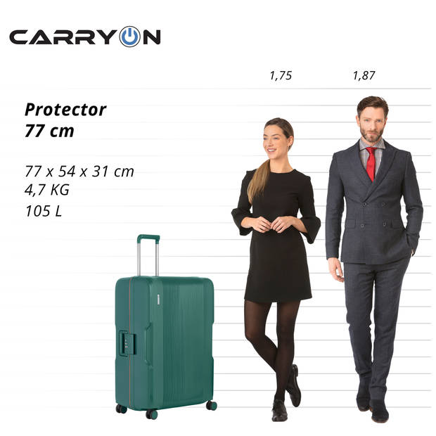 CarryOn Protector Luxe Grote Reiskoffer 77cm - 105 Ltr met kliksloten - Groen