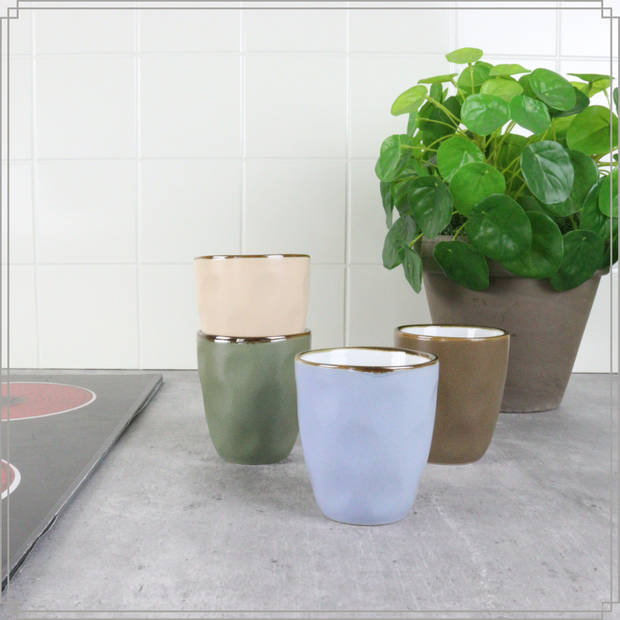 OTIX Koffiekopjes - Koffiemok - Koffietassen - Set van 4 - Meerdere Kleuren - 280ml - Zonder Oor - Aardewerk