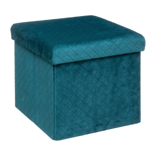 Atmosphera Poef/hocker/voetenbankje - opbergbox - fluweel blauw - PO/MDF - 31 x 31 x 31 cm - Poefs