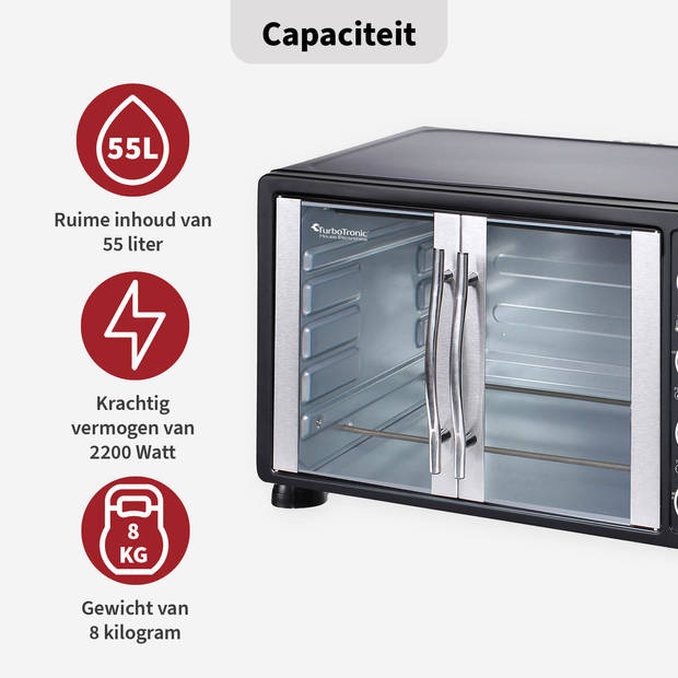 TurboTronic FEO55 Vrijstaande Oven - met Franse Deuren - 55L - Zwart