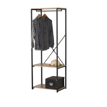 Gebor - Kledingrek – Garderoberek – Met Hangstang en Twee Planken – Zwart – Naturel – Metaal – MDF – Strak