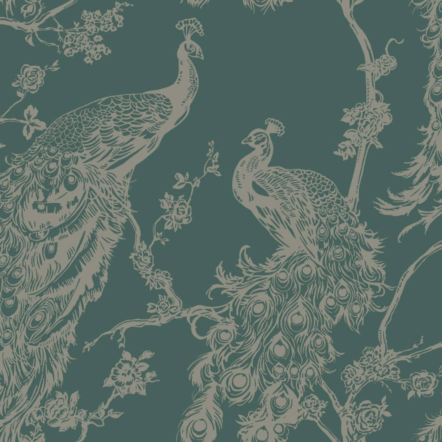 DUTCH WALLCOVERINGS Behang Peacock groen en zilverkleurig