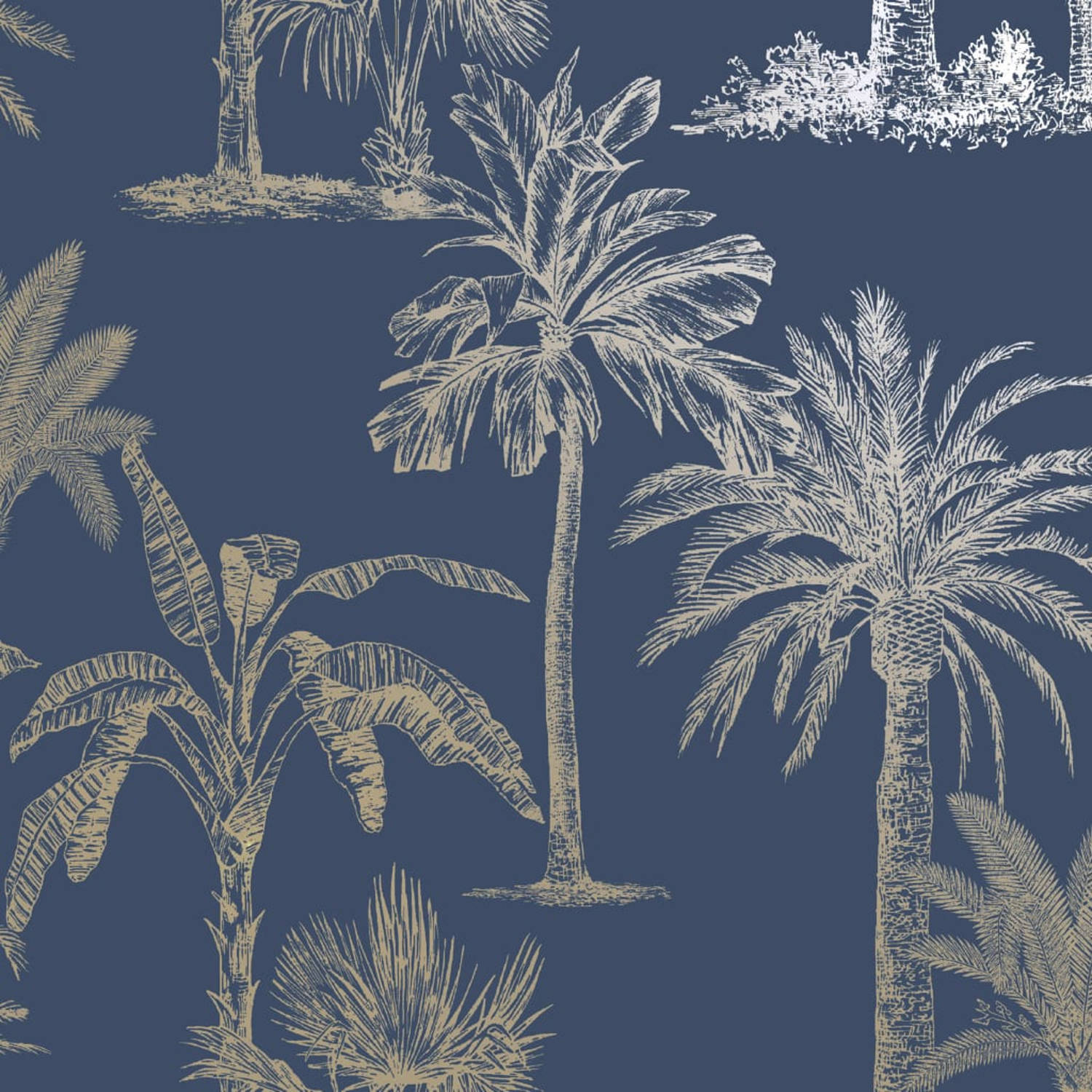 DUTCH WALLCOVERINGS Behang Tropical Trees marineblauw en zilverkleurig