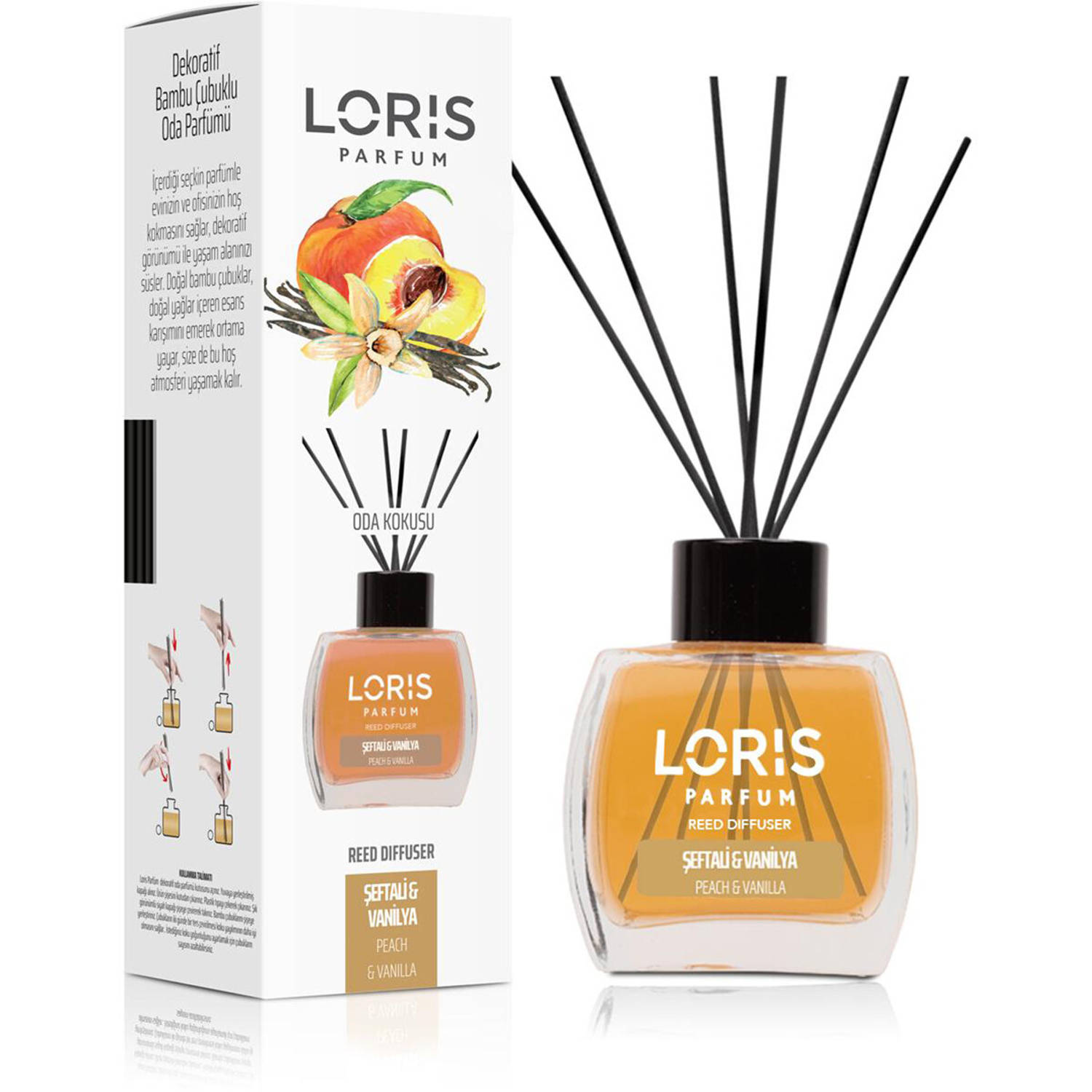LORIS - Parfum - Geurstokjes - Huisgeur - Huisparfum - Peach & Vanilla - 120ml