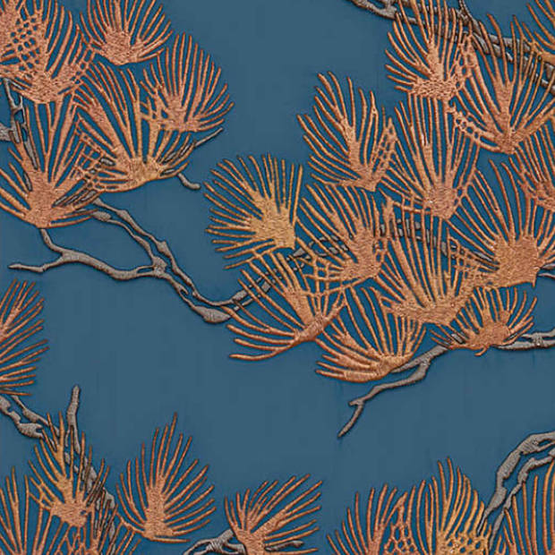 DUTCH WALLCOVERINGS Behang Pine Tree goudkleurig en blauw