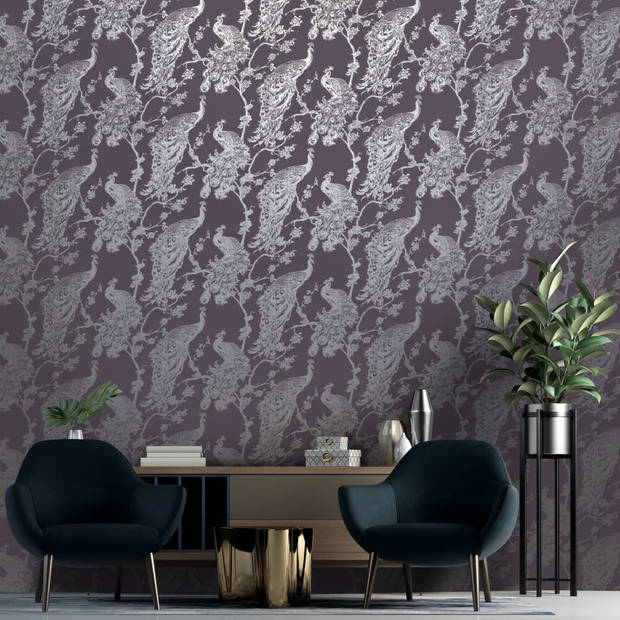 DUTCH WALLCOVERINGS Behang Peacock paars en zilverkleurig