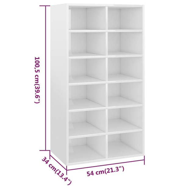 The Living Store Schoenenrek - Hoogglans wit - 54 x 34 x 100.5 cm - Met 12 schappen