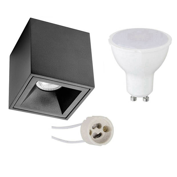 Opbouwspot Set - Pragmi Cliron Pro - GU10 Fitting - Opbouw Vierkant - Mat Zwart - 6W - Natuurlijk Wit 4200K - Verdiept -