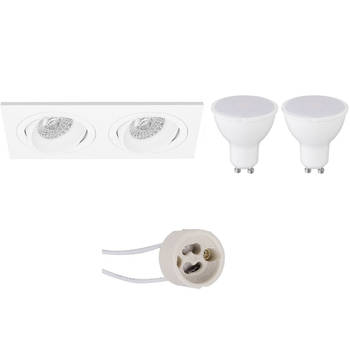 LED Spot Set - Aigi - Pragmi Borny Pro - GU10 Fitting - Inbouw Rechthoek Dubbel - Mat Wit - 6W - Helder/Koud Wit 6400K -