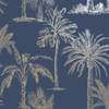DUTCH WALLCOVERINGS Behang Tropical Trees marineblauw en zilverkleurig