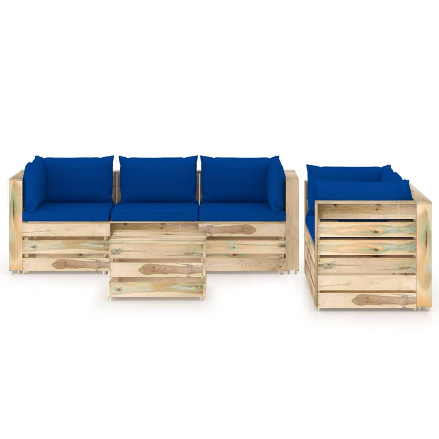 The Living Store Pallet Loungeset - Grenenhout - Blauwe kussens - Modular Design
