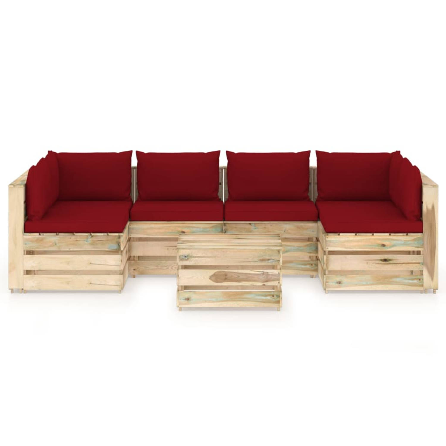 The Living Store Pallet Loungeset - Grenenhout - Hoekbank- 69x70x66 cm - Middenbank- 60x70x66 cm - Tafel/Voetenbank- 60x62x37 cm - Wijnrood kussen - Montage vereist - 4x Middenbank