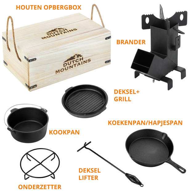 Dutch Mountaiuns Dutch oven - Gietijzeren Pannenset 7-delig – Braadpan - Grillpan - Deksellifter - Brander