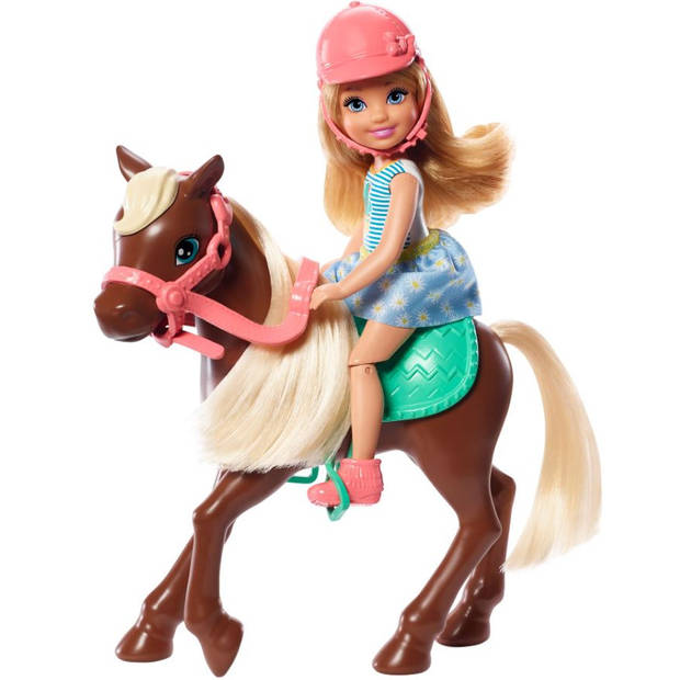 Barbie tienerpop Chelsea & Pony 15 cm bruin/blauw 4-delig
