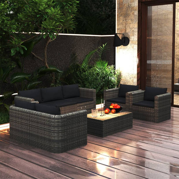 vidaXL 8-delige Loungeset met kussens poly rattan grijs