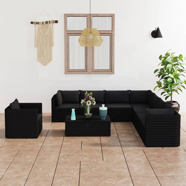 The Living Store Loungeset Modulair - Zwart - Polyester kussens - Salontafel- 50 x 60 x 33 cm - Middenbank- 68 x 72 x