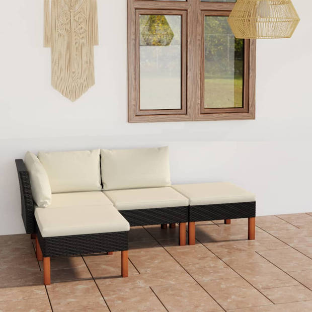 vidaXL 4-delige Loungeset met kussens poly rattan zwart