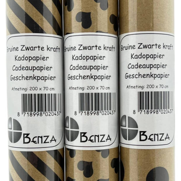 Zwarte Kraft cadeaupapier - Luxe inpakpapier - 200 x 70 cm - 5 rollen