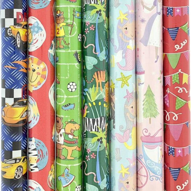 Präsenta Assortiment luxe cadeaupapier inpakpapier voor kinderen 6 - 200 x 70 cm - 3 rollen