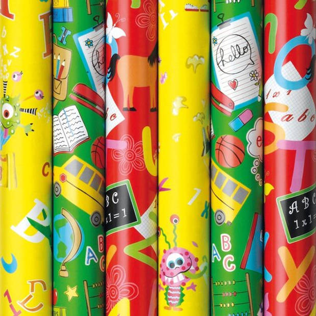 Assortiment luxe cadeaupapier inpakpapier voor kinderen - terug naar school - 200 x 70 cm - 5 rollen