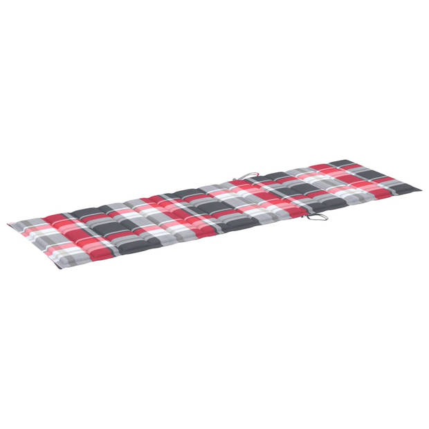 The Living Store Ligstoel Acaciahout - 200 x 60 x 30/90 cm - Verstelbare rugleuning - Rood ruitpatroon
