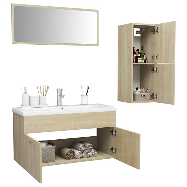 The Living Store Badkamermeubelset - Sonoma Eiken - Spiegel - wastafelkast en lage kast - Afmetingen- 90 x 38.5 x 46