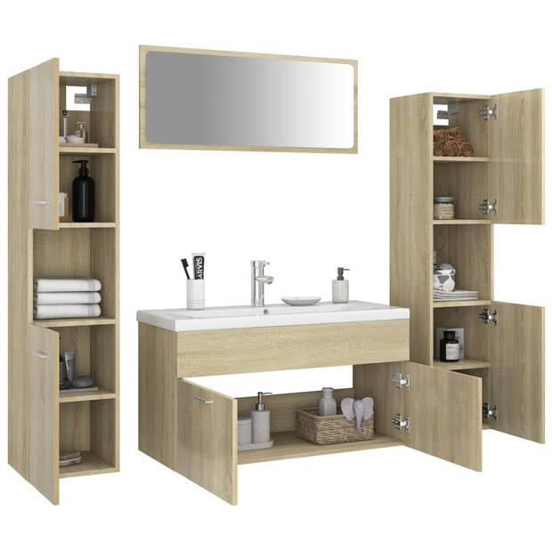 The Living Store Badkamermeubelset - Sonoma Eiken - 90x38.5x46 cm - Inclusief Spiegel - Wastafelkast en 2 Hoge Kasten