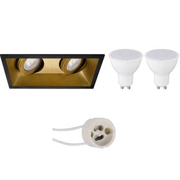 LED Spot Set - Pragmi Zano Pro - GU10 Fitting - Dimbaar - Inbouw Rechthoek Dubbel - Mat Zwart/Goud - 6W - Natuurlijk Wit