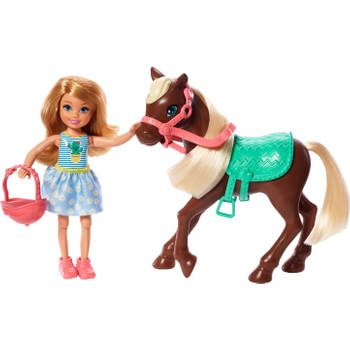 Barbie tienerpop Chelsea & Pony 15 cm bruin/blauw 4-delig