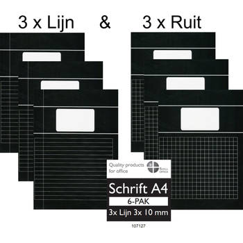 Benza Combi- Pack - Schriften A4 - 3 x Ruit – 3 x Lijn - Zwart