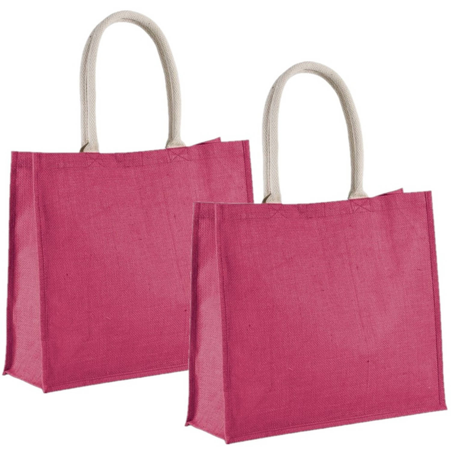 2x stuks fuchsia roze jute boodschappentassen 42 cm - Strandtassen