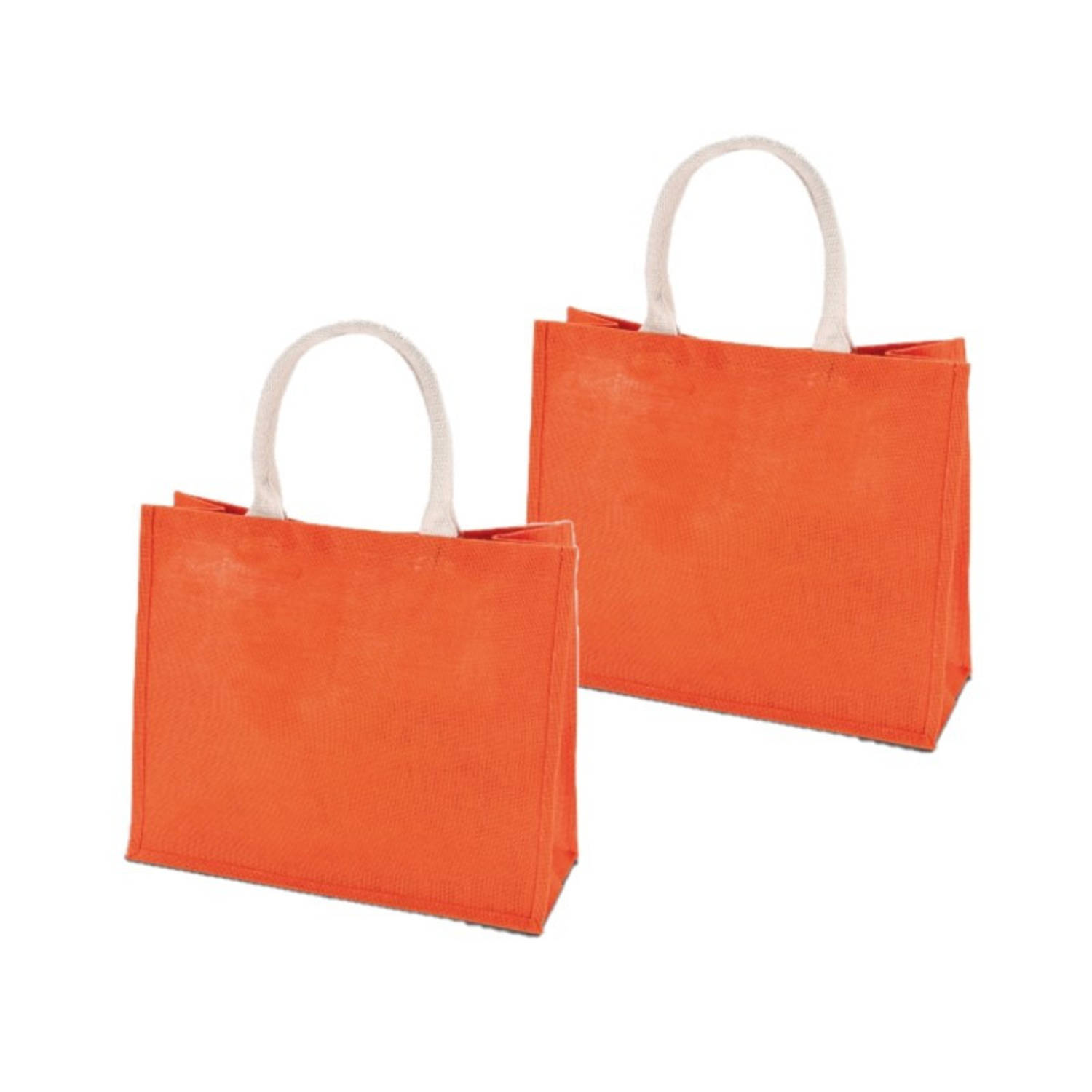 2x stuks oranje jute boodschappentassen 42 cm - Strandtassen