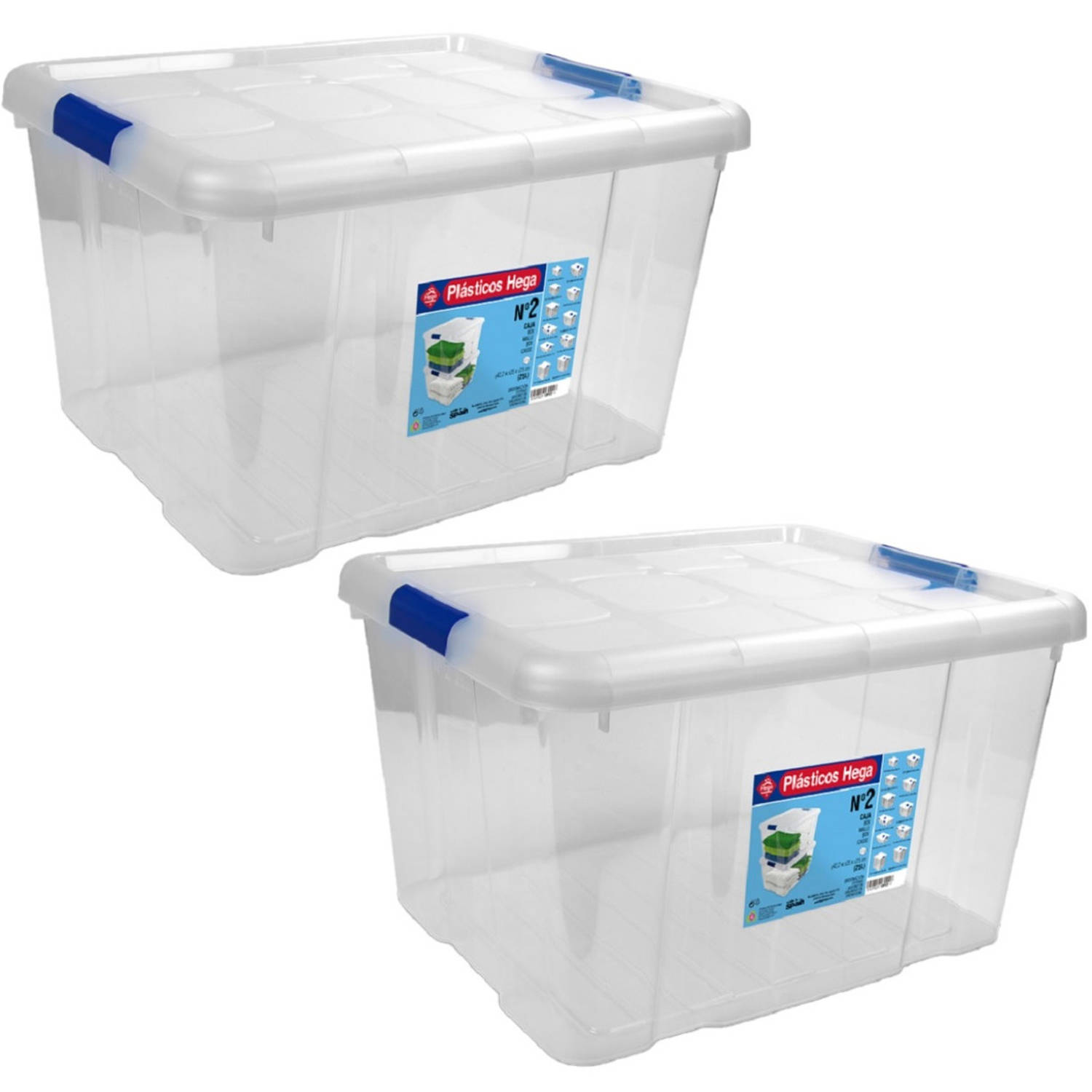 2x Opbergboxen/opbergdozen met deksel 25 liter kunststof transparant/blauw - Opbergbox