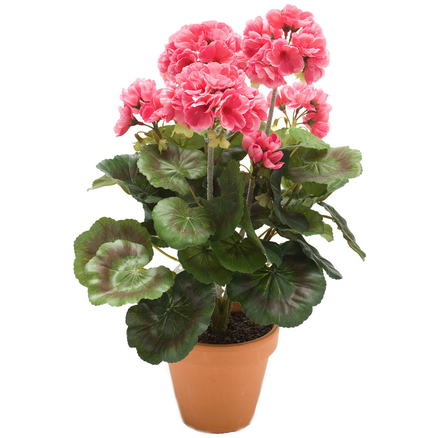 Kunstbloemen kunstplant roze Geranium 38 cm met 5 bloem series en groen in potje
