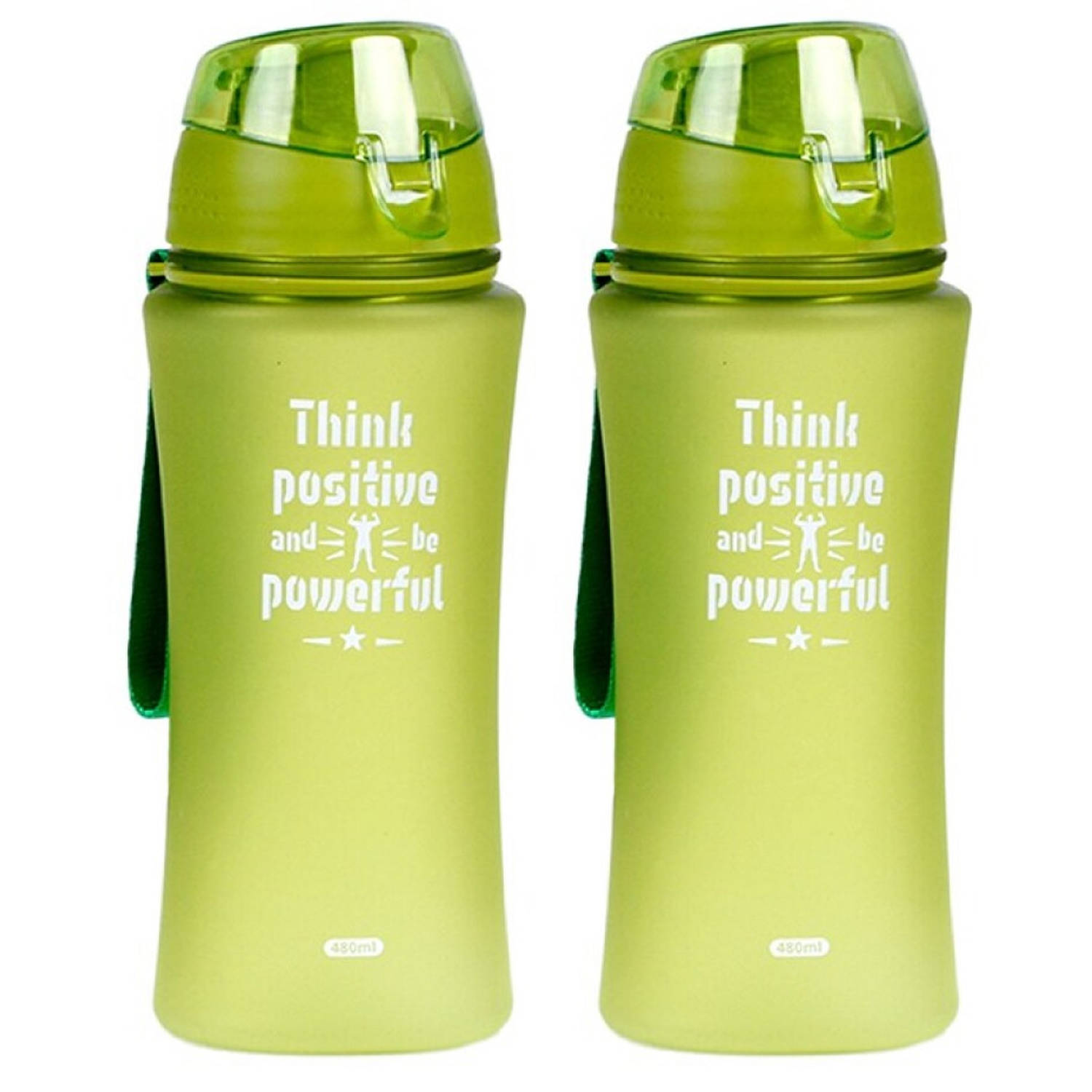 2x Sport Bidon drinkfles/waterfles Think Positive print groen 480 Ml - Drinkflessen