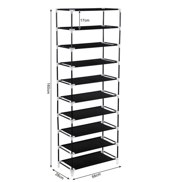 Parya Home - Schoenenrek met 10 niveaus - tot 27 paar schoenen - 58cm breed en 160cm hoog - Zwart