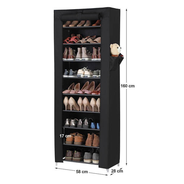 Parya Home - Schoenenrek met 10 niveaus - tot 27 paar schoenen - 58cm breed en 160cm hoog - Zwart