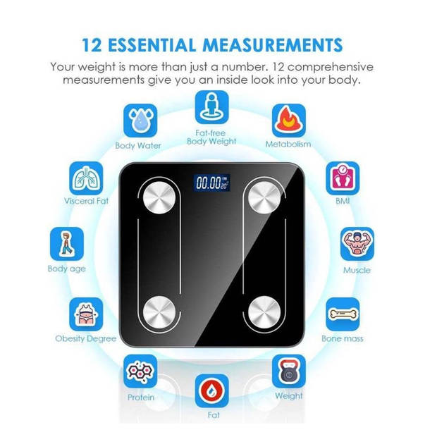 Parya Official - Digitale Personenweegschaal - Bluetooth - Volledige Lichaamsanalyse - Zwart