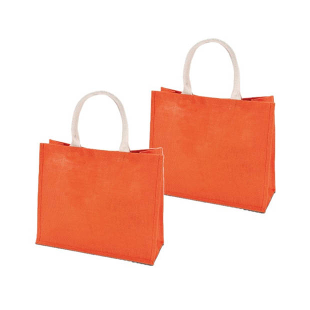 2x stuks oranje jute boodschappentassen 42 cm - Strandtassen