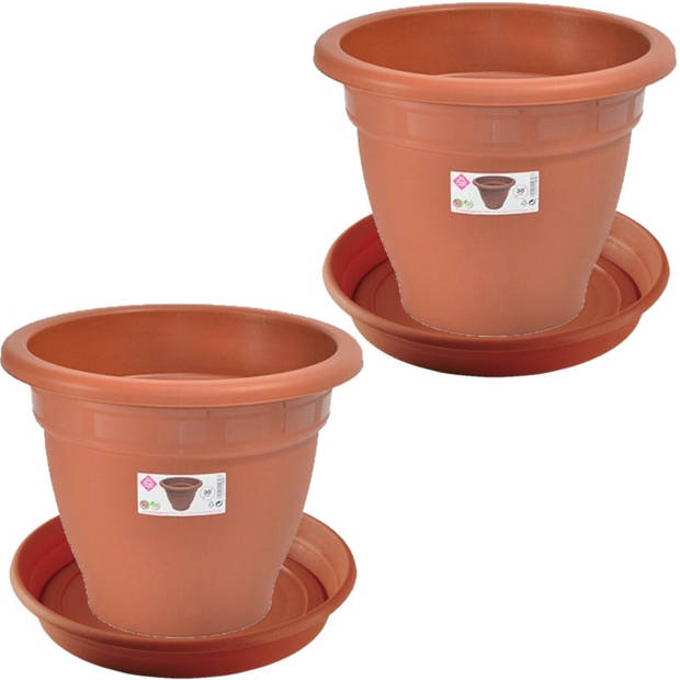 2x stuks bloempotten met onderschaal terra cotta rond diameter 30 cm - Plantenpotten