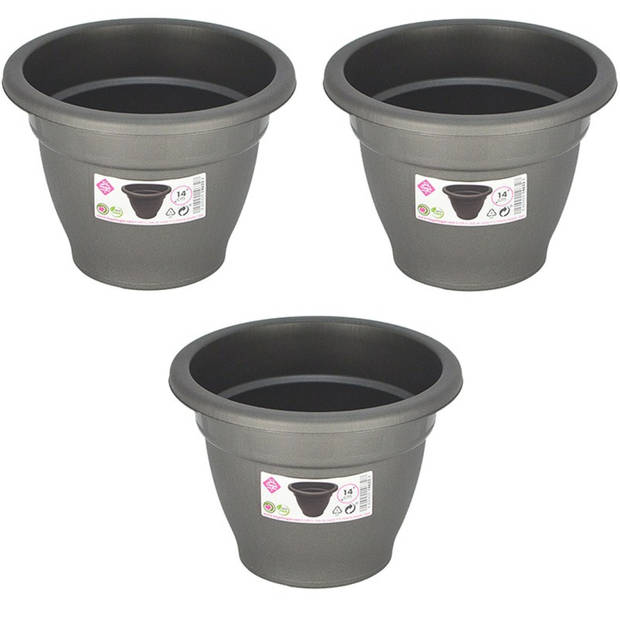 Set van 2x stuks grijze ronde plantenpot/bloempot kunststof diameter 14 cm - Plantenpotten