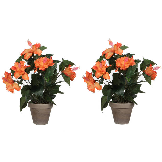 2x stuks hibiscus kunstplanten oranje in grijze pot H40 x D30 cm - Kunstplanten