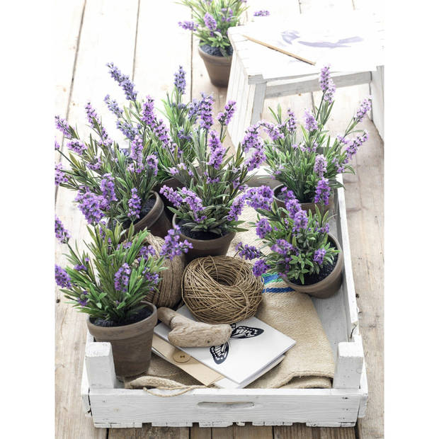 Lavendel kunstplant/kamerplant paars in grijze sierpot H33 cm x D20 cm - Kunstplanten