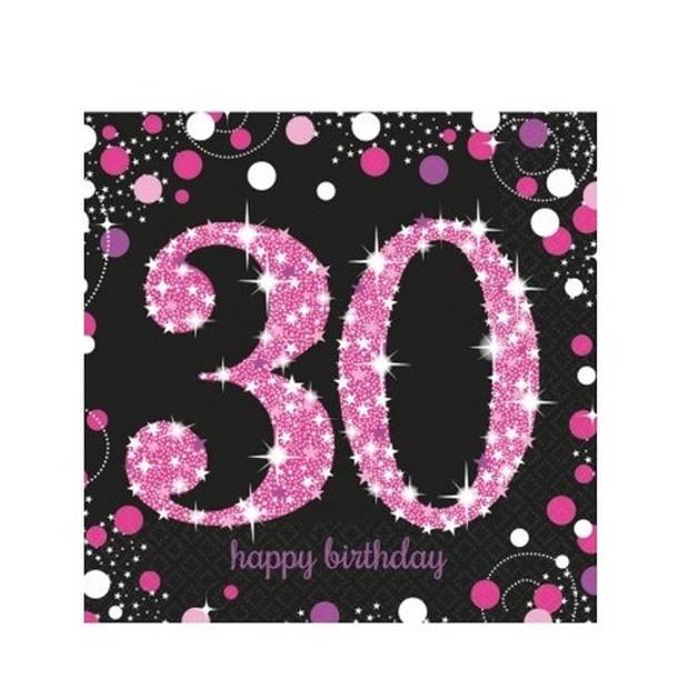 32x Happy birthday 30 jaar servetten zwart/roze - Feestservetten