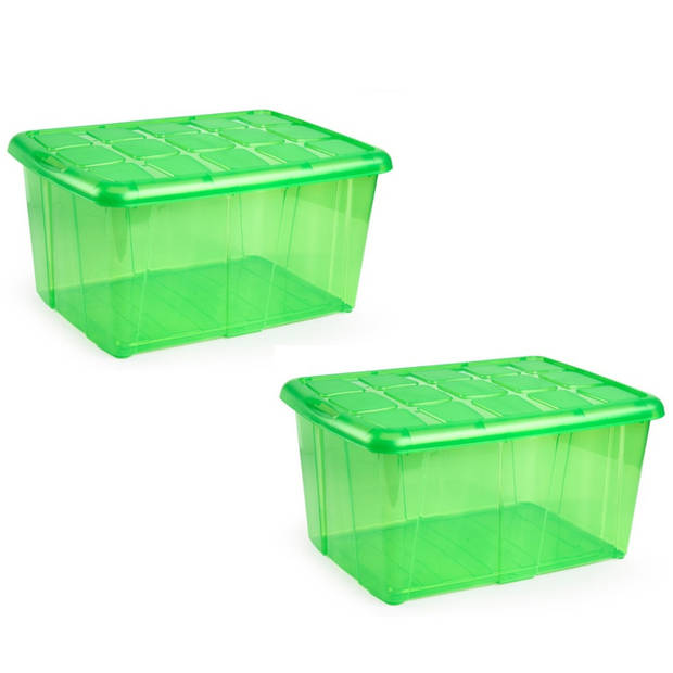 2x Opslagbakken/organizers met deksel 60 liter 63 x 46 x 32 transparant groen - Opbergbox