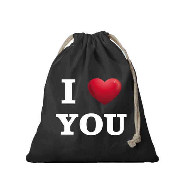 1x Katoenen tasje/ cadeautasje I love You zwart 25 x 30 cm - cadeauverpakking feest