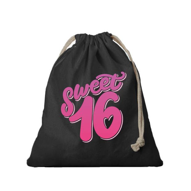 1x Katoenen tasje/ cadeautasje verjaardag Sweet 16 zwart 25 x 30 cm - cadeauverpakking feest